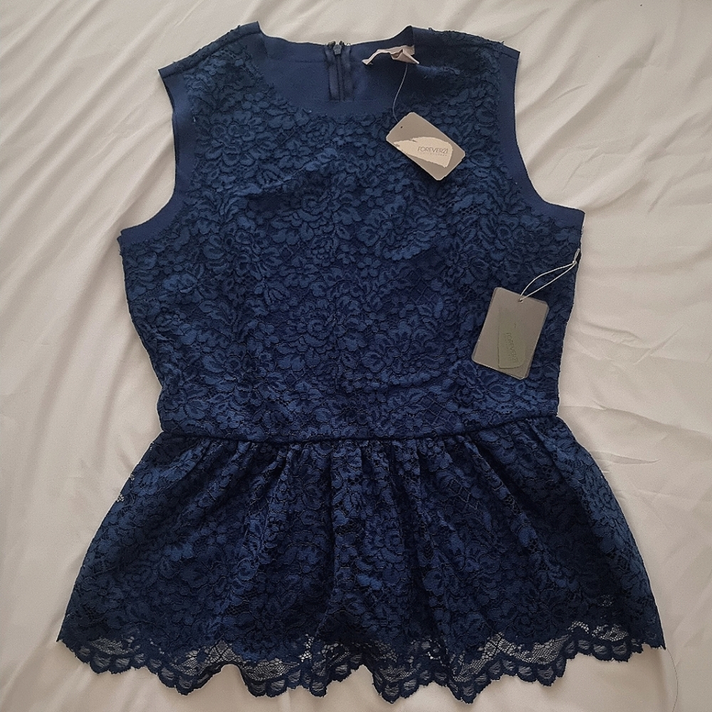 NWT - Forever 21 Dark Blue Laced Peplum Top - Size XS